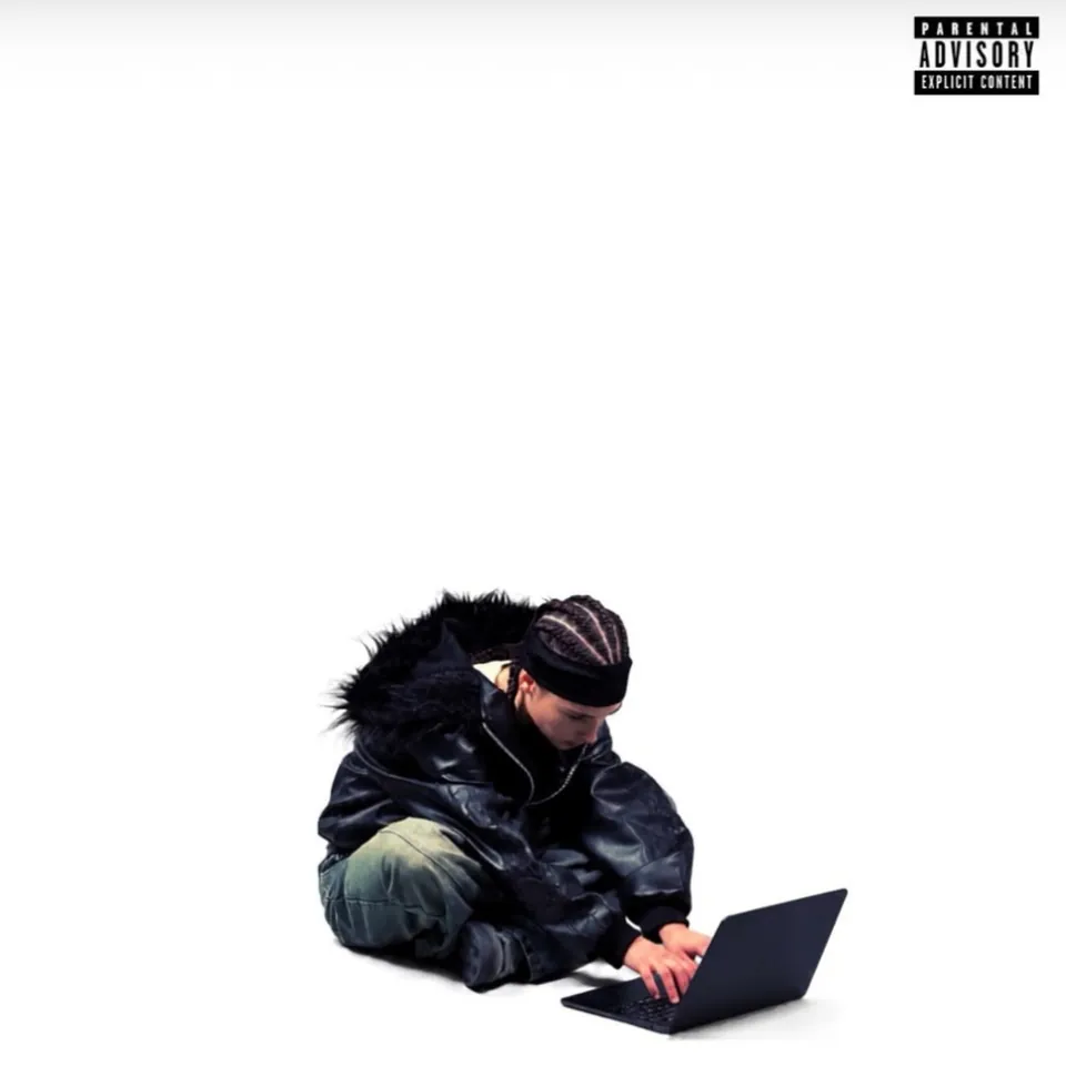 Portada del EP POL4RiS: Oasky con capucha y laptop sobre fondo blanco, con sello Parental Advisory
